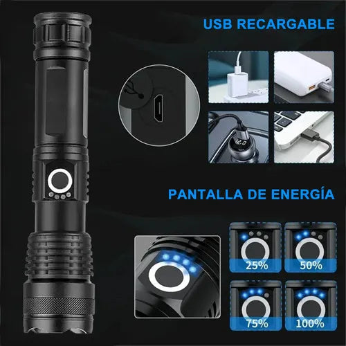 Linterna Táctica Policía Led Xml Nuevo Led P-90 Recargable Blanco Brillante Negro